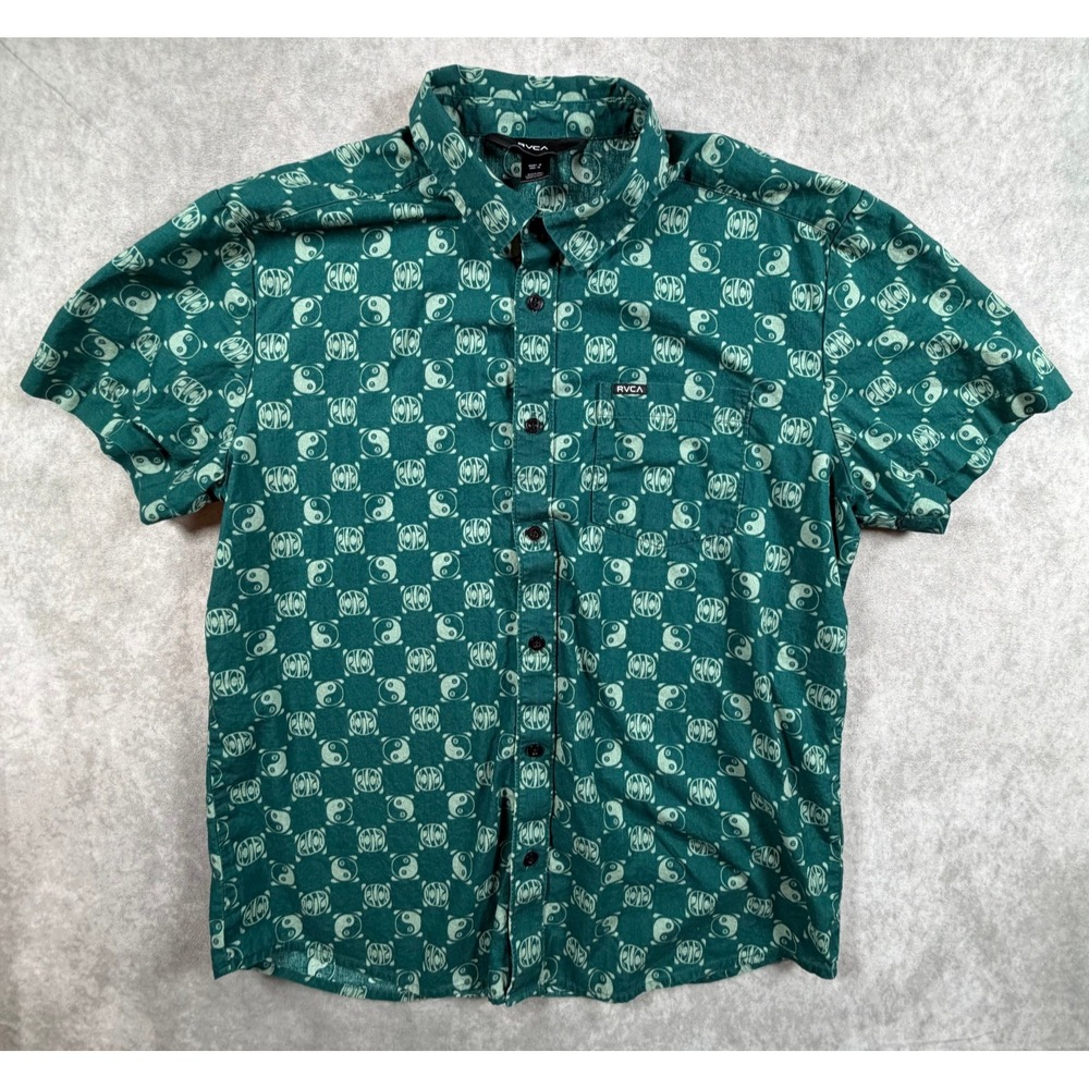 RVCA Kimura Mens Medium Shirt Cotton Ocean Teal Yin Yang Short Sleeve Button Up